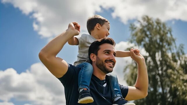 Cheerful Hispanic Father holding his little son in shoulder on a sunny day