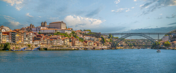 Panoramic view of the old city of Porto with its icono Luis I arched bridge to the right. Porto...