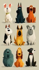 Dogs of various breeds in a colorful cartoon style showing distinct personalities and expressions in a playful arrangement