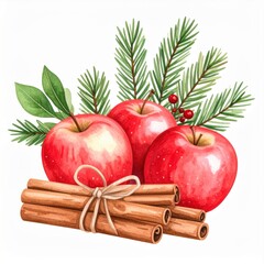 Red Apples Cinnamon Sticks with Green Fir Branches on White Background Watercolor Style