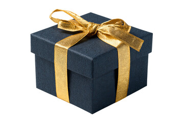 Obraz premium A dark blue gift box with a golden ribbon isolated on a transparent background in PNG format.