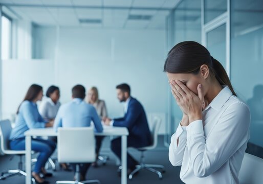 Woman crying in office meeting, feeling stressed and overwhelmed by work pressure, colleagues in background
