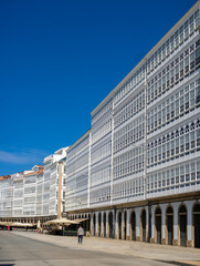 Characteristic 18th century glazed window balconies (galerías) in A Coruña, Galicia, Spain....