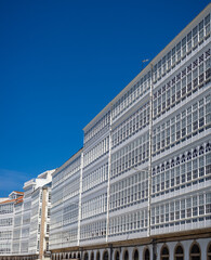 Iconic 18th century glazed window balconies (galerías) in A Coruña, Galicia, Spain.