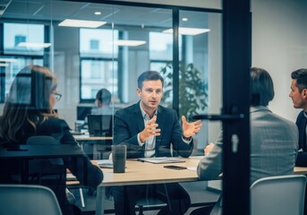 Fototapeta premium A diverse group of professionals engaged in a lively discussion around a table in a modern office meeting room, fostering collaboration and strategic planning