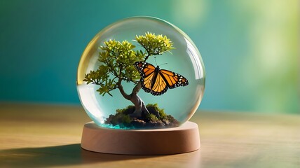 Encased Butterfly in a Glass Dome: Botanical Art, Serene Nature, Whimsical Design