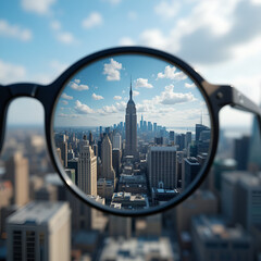 Perspective shot of a city skyline seen through glasses, with the city sharply focused inside the lenses and the background blurred, representing vision and clarity