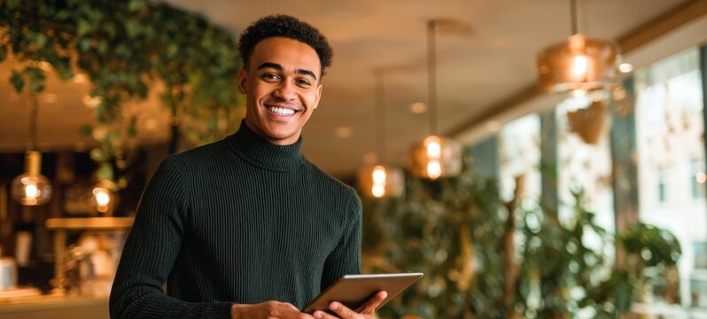 [The young man using a tablet in a modern cozy cafe with warm lighting]