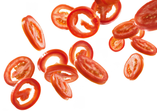 tomato slices flying in the air, png, transparent