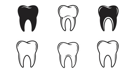 Dental Health Illustration Six Teeth in Black and White Vector Graphics
