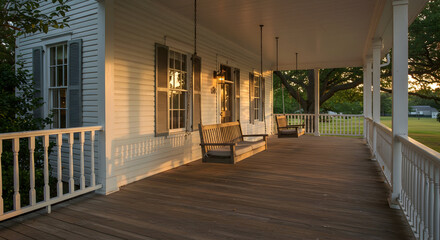 A farmhouse with a large, inviting front porch swing