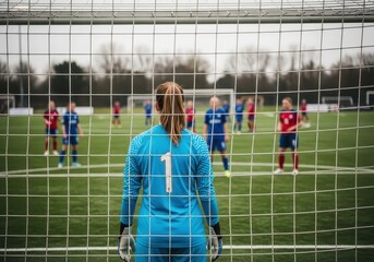 Female soccer goalkeeper in blue jersey with number 1 on back, facing the goal and opponents during a match on a green field