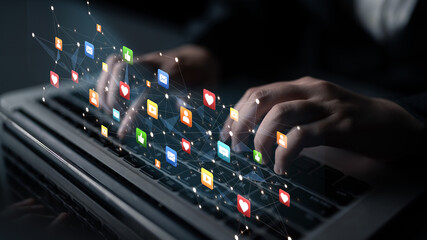 Social media interaction digital icons floating show concept of social media marketing. Online engagement, influencer marketing, and modern connection technology. Spline