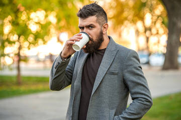 Business lifestyle, break time. Man drinking morning coffee. Coffee break. Everyday style routine....