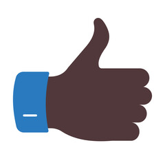 A modern flat design vector icon of a dark-skinned hand with a blue cuff giving the thumbs-up gesture, symbolizing like, approval, and positive feedback.