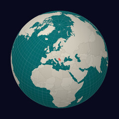 Republic of Serbia on the map. Globe centered to Serbia. Country location on the world map. Teal Pale Mint color palette. Globe with countries, meridians and parallels. Awesome vector illustration.
