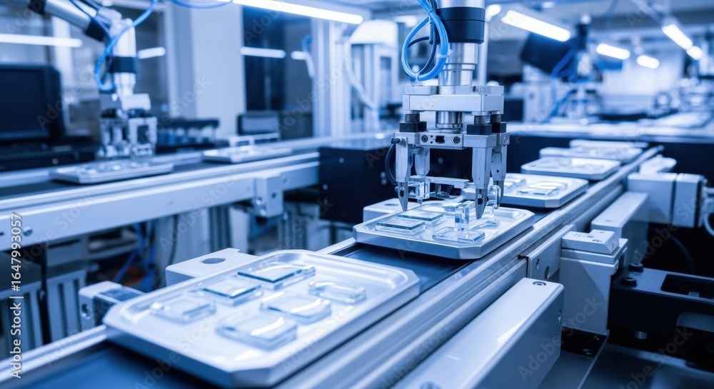 Poster production line overview showing automated placement of ophthalmic freeformlens surfacing blocks for
