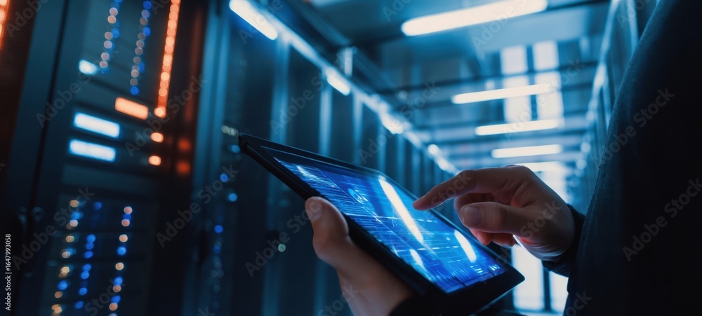 Poster the tablet controlling server rack diagnostics with glowing data interface and technician hand