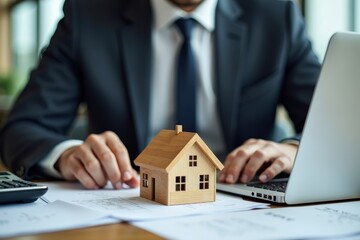 Fototapeta premium Focused Businessperson in Suit and Tie Working at Modern Desk with Miniature House Model
