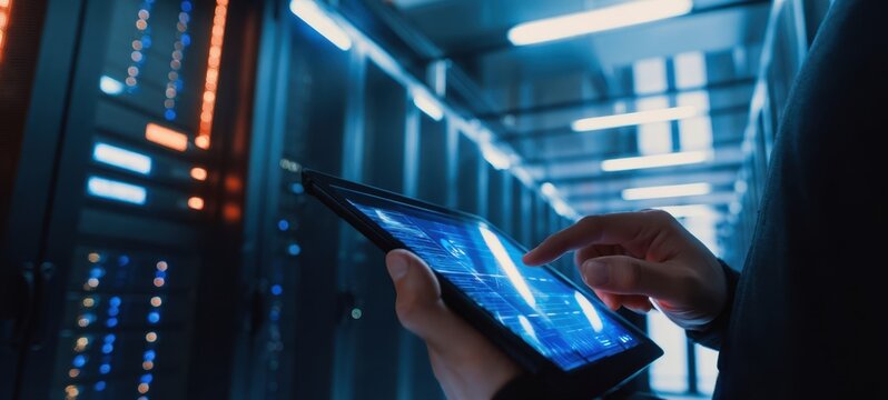 The tablet controlling server rack diagnostics with glowing data interface and technician hand