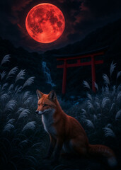A lone fox siting in the middle of amur silvergrass, with a red toori, a waterfall and a majestic red moon in the sky