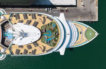 Aerial luxury liner voyage. Ship top view. Luxury liner resort. Cruise ship voyage. Entertainment...