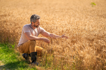 Man agronomist farmer. Crop protection. Agriculture farm. Farm man at wheat field. Crop harvest and...