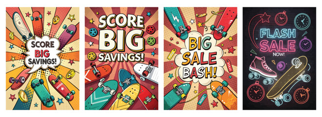 Colorful skateboarding sale banners featuring dynamic designs and bold text.
