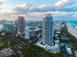 Miami cityscape with skyscrapers and ocean. Miami Beach from above. Miami skyline from top.