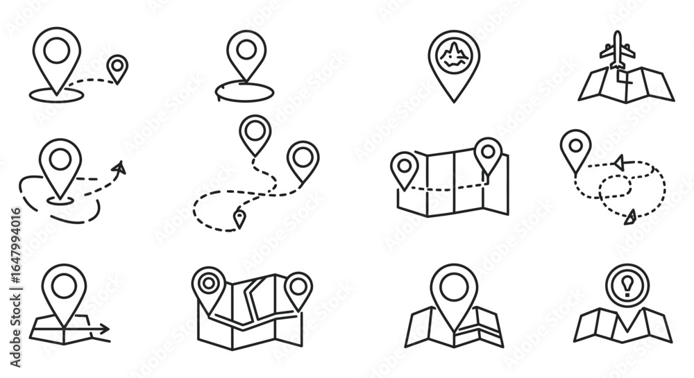 Poster collection of hand drawn location pin and map icons for navigation