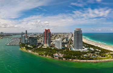 Iconic Miami coastline. Cloudy sky over Miami famous skyline.