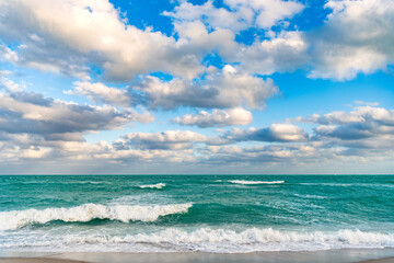 Calm horizon with sea nature. Romantic summer vacation at seascape. Sunset sea seascape. Sea horizon view. Cloudy sky and seascape at summer vacation. Skyscape with sea horizon. Beyond the horizon