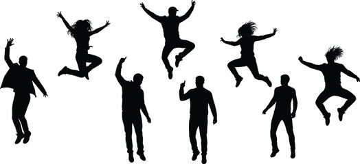 Group of people jumping in air, energetic silhouettes expressing happiness, celebration, excitement, joy, freedom, success