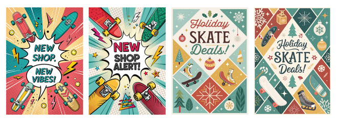 Colorful skate-themed holiday sale posters featuring vibrant designs and playful graphics.