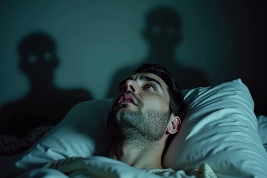 Man experiencing sleep paralysis in bed, surrounded by shadow figures in a scene of fear and helplessness