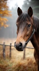 Obraz premium Brown horse standing near fence in autumn mist with yellow leaves in soft background