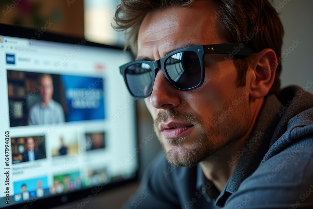 Poster man reading news website on computer screen reflected in trendy sunglasses.