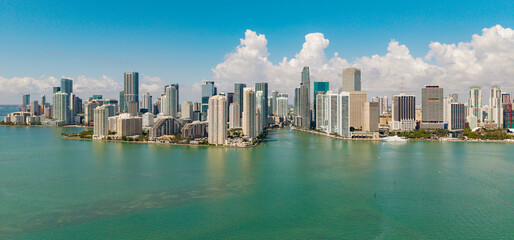 Panorama of Miami skyline. Panorama cityscape of Brickell Miami. Panoramic top view of Brickell....