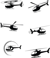 Black and white helicopter icon set featuring various rotorcraft silhouettes and designs for aviation, air transport, flight, and aircraft vector illustrations