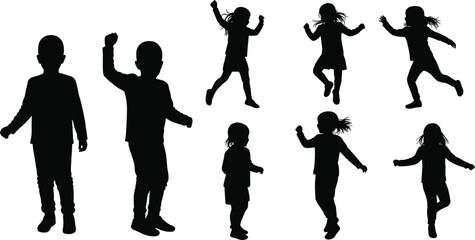 Silhouette of energetic children jumping, dancing, and playing outdoors, joyful active kids movement, playful childhood moments