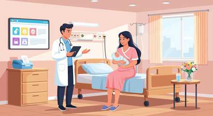 Mother and newborn baby with doctor in postnatal ward illustration