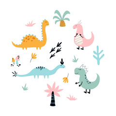 Set of hand drawn dinosaurs with cute elements in children style. Doodle and scribble vector collection with prehistoric animals in pastel colors