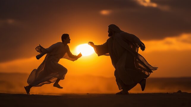 The prodigal son running into his father&rsquo;s open arms, the father welcoming him with joy and compassion, a vivid scene of forgiveness, mercy, and unconditional love from the biblical parable.