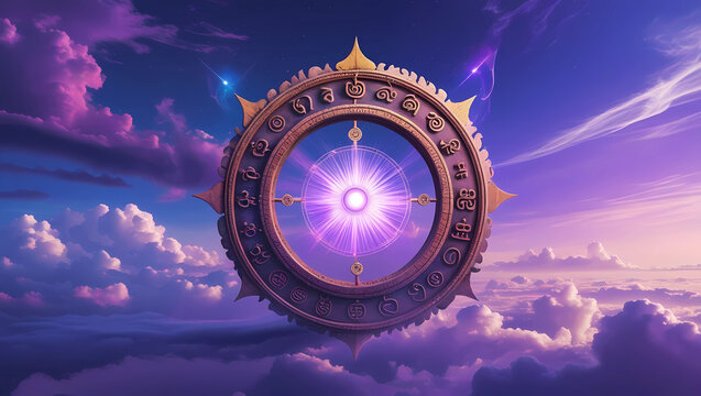 The Great Wheel of Samsara, Wheel of Destiny against the sky. Generative Ai