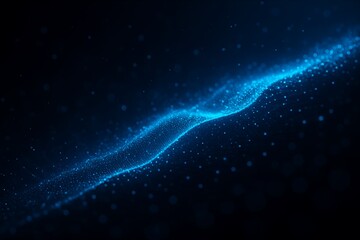 Blue glowing wave of tiny light particles forming smooth flowing abstract pattern on dark background representing futuristic digital motion technology and elegant shimmering design concept