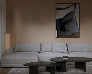 Modern living room with neutral sectional sofa, nested coffee tables, and abstract wall art on light wood paneling.