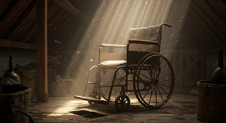 Fototapeta premium An old, dusty wheelchair sits in a dimly lit attic space, illuminated by a single ray of light.