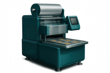 Modern industrial food tray sealing machine processing and packaging cookies on transparent background, ideal for food processing and packaging industries