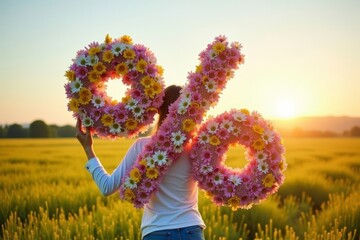 A man holding a large flowered percentage sign in a meadow.