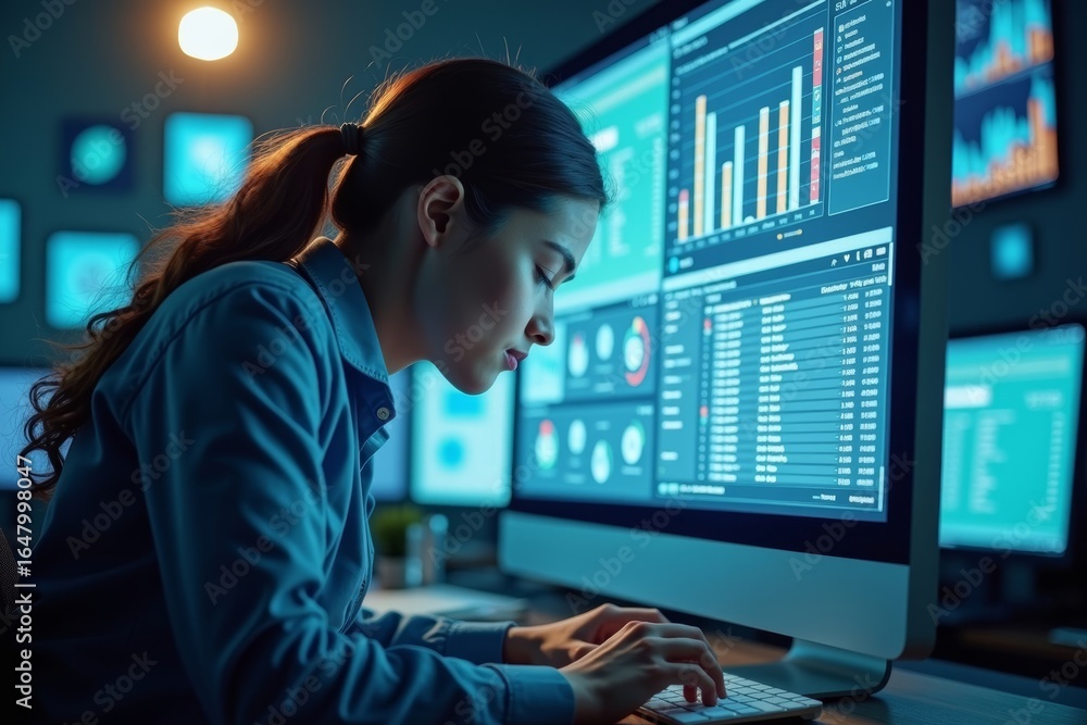 Poster image of individual immersed in virtual workspace, surrounded by electronic invoices and connected t